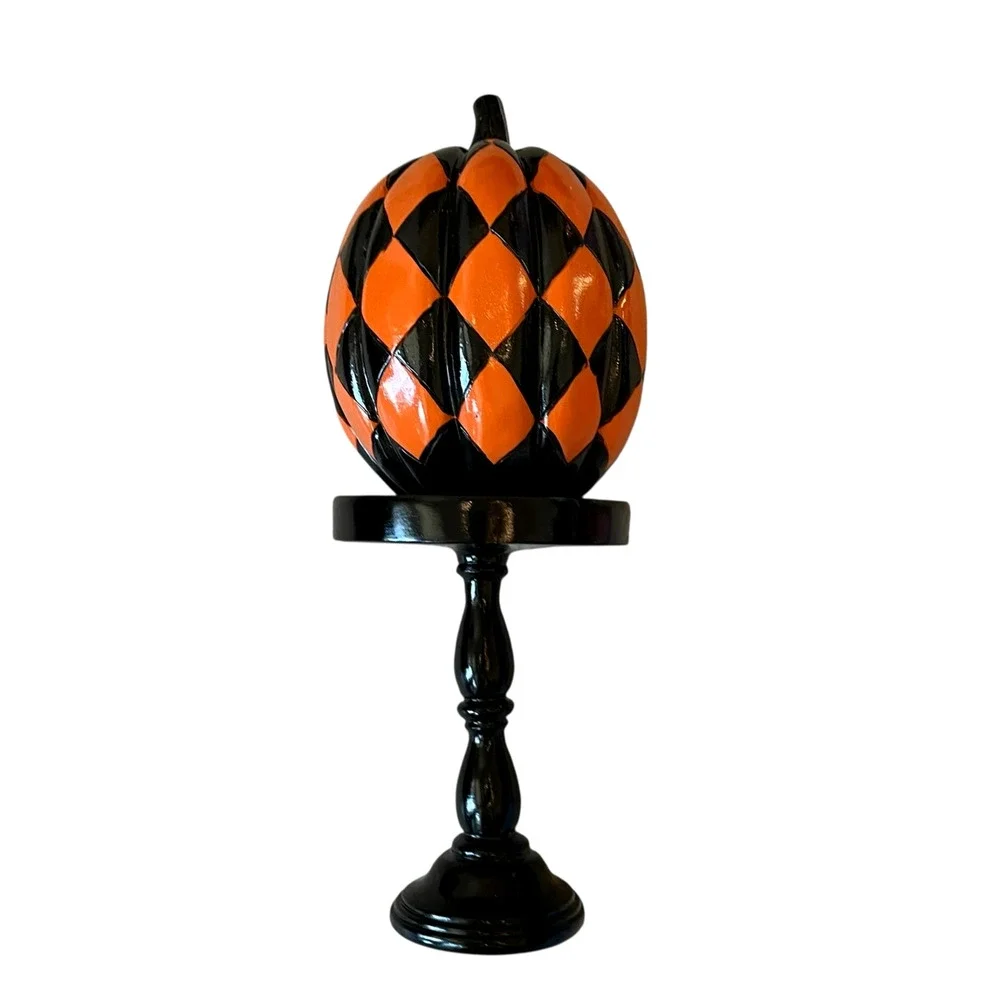 Black & Orange Checkered Pumpkin On Pedestal 13.5in Resin Halloween Decor NEW